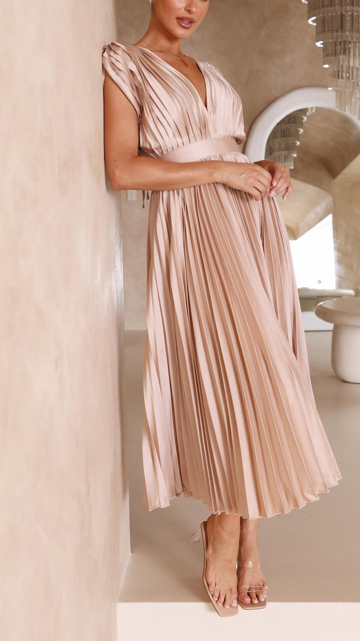 Women's Elegant Pleated Maxi Dress | V-Neck