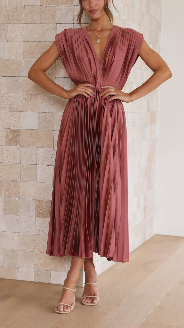 Women's Elegant Pleated Maxi Dress | V-Neck