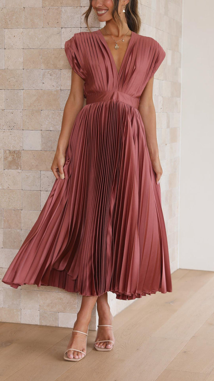 Women's Elegant Pleated Maxi Dress | V-Neck