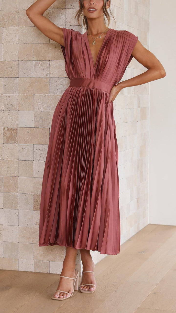 Women's Elegant Pleated Maxi Dress | V-Neck