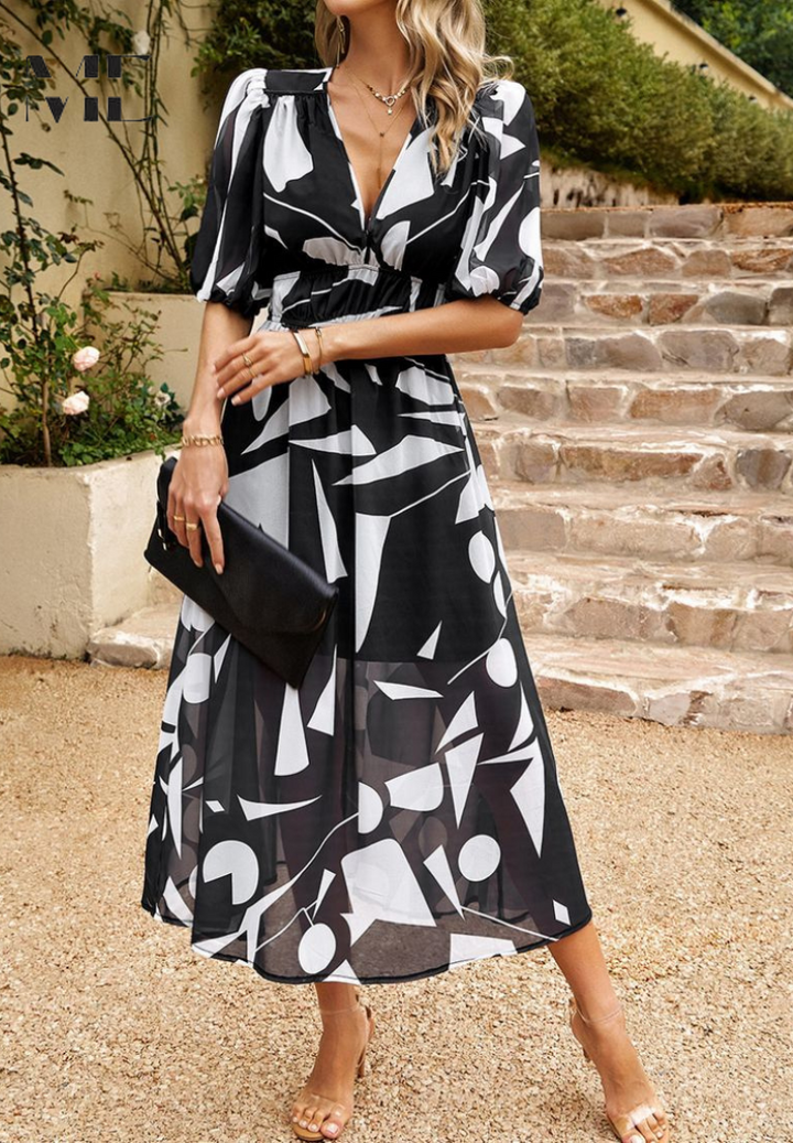 Women's Elegant Floral V-Neck Midi Dress