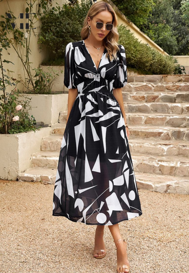 Women's Elegant Floral V-Neck Midi Dress