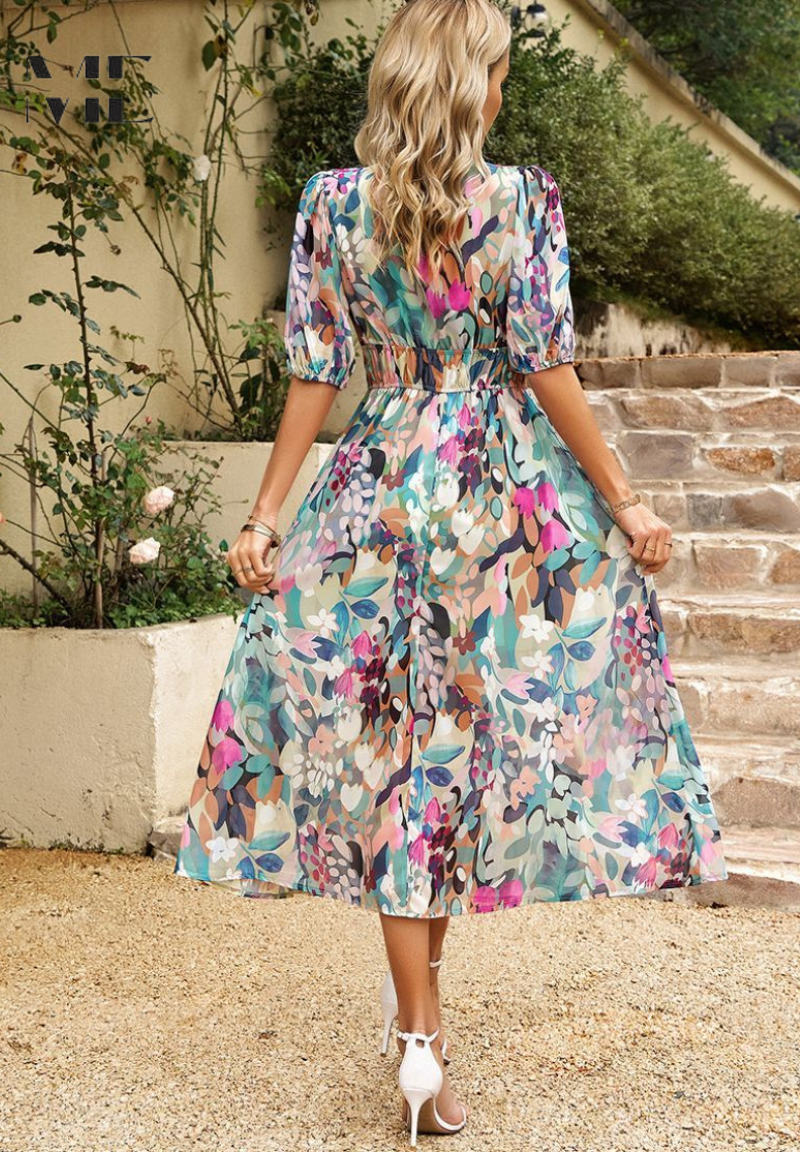 Women's Elegant Floral V-Neck Midi Dress