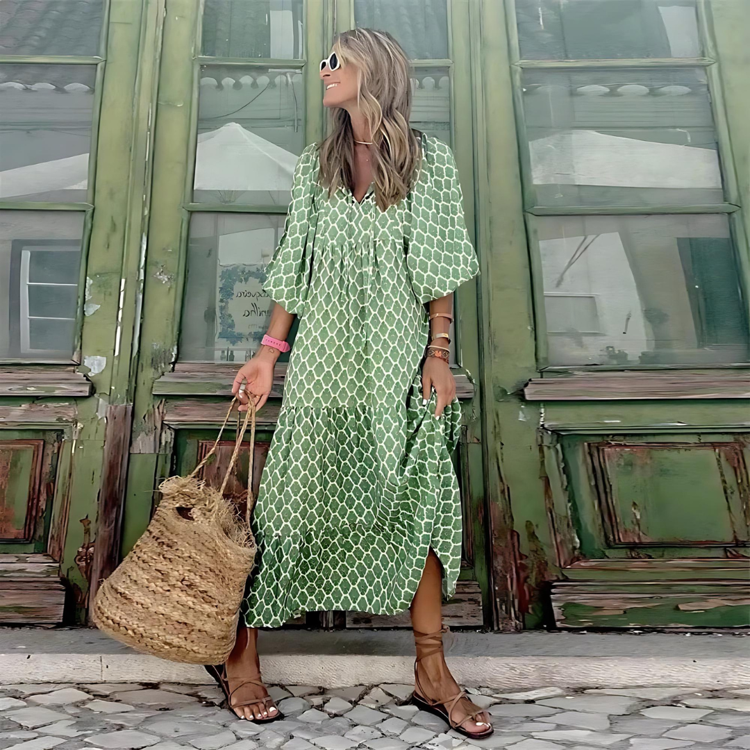Relaxed Boho Maxi Dress | V Neck Printed