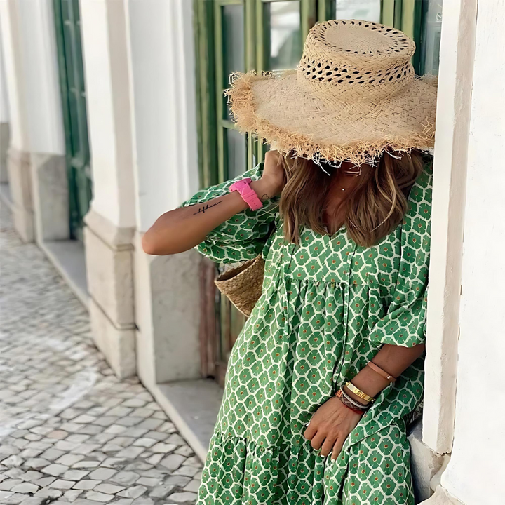 Relaxed Boho Maxi Dress | V Neck Printed