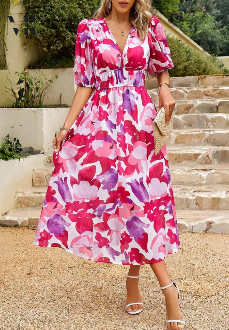 Women's Elegant Floral V-Neck Midi Dress