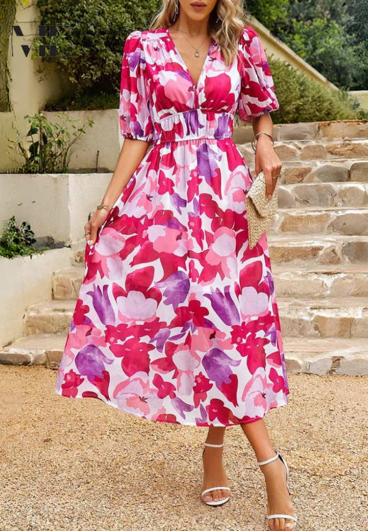 Women's Elegant Floral V-Neck Midi Dress
