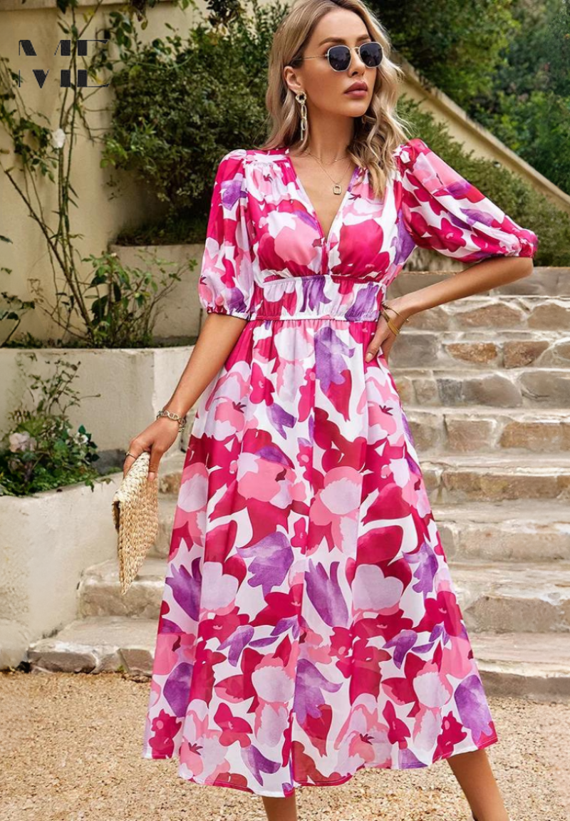 Women's Elegant Floral V-Neck Midi Dress
