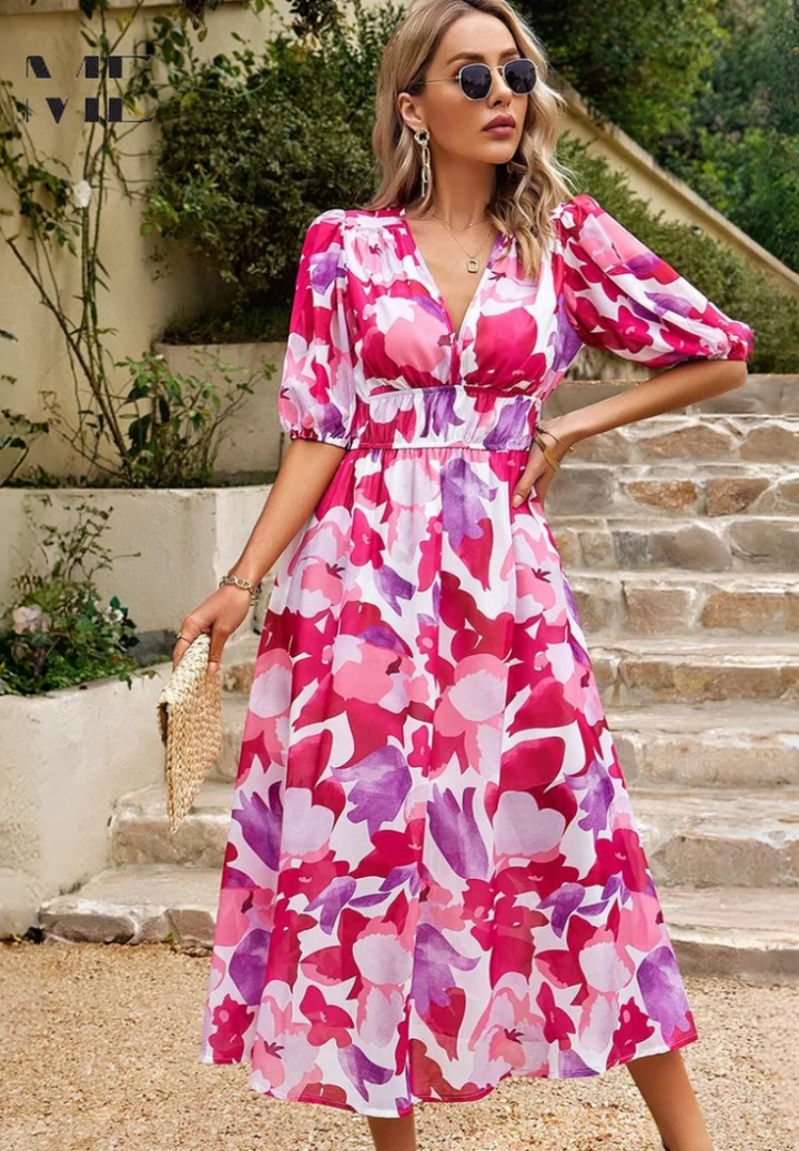 Women's Elegant Floral V-Neck Midi Dress