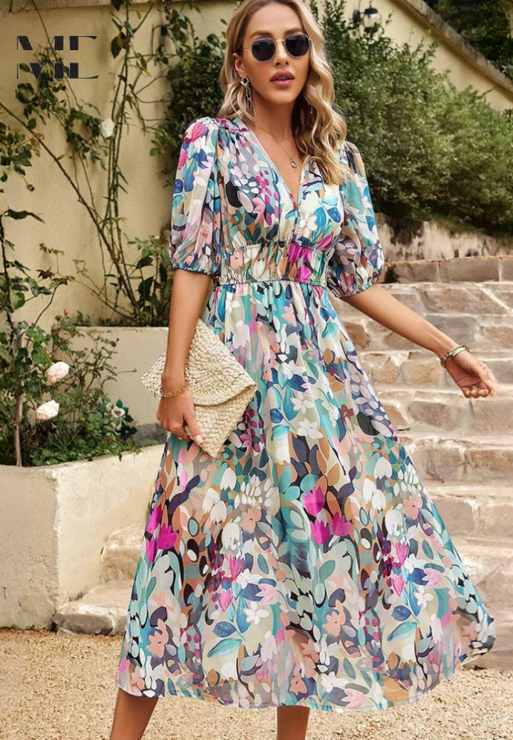 Women's Elegant Floral V-Neck Midi Dress