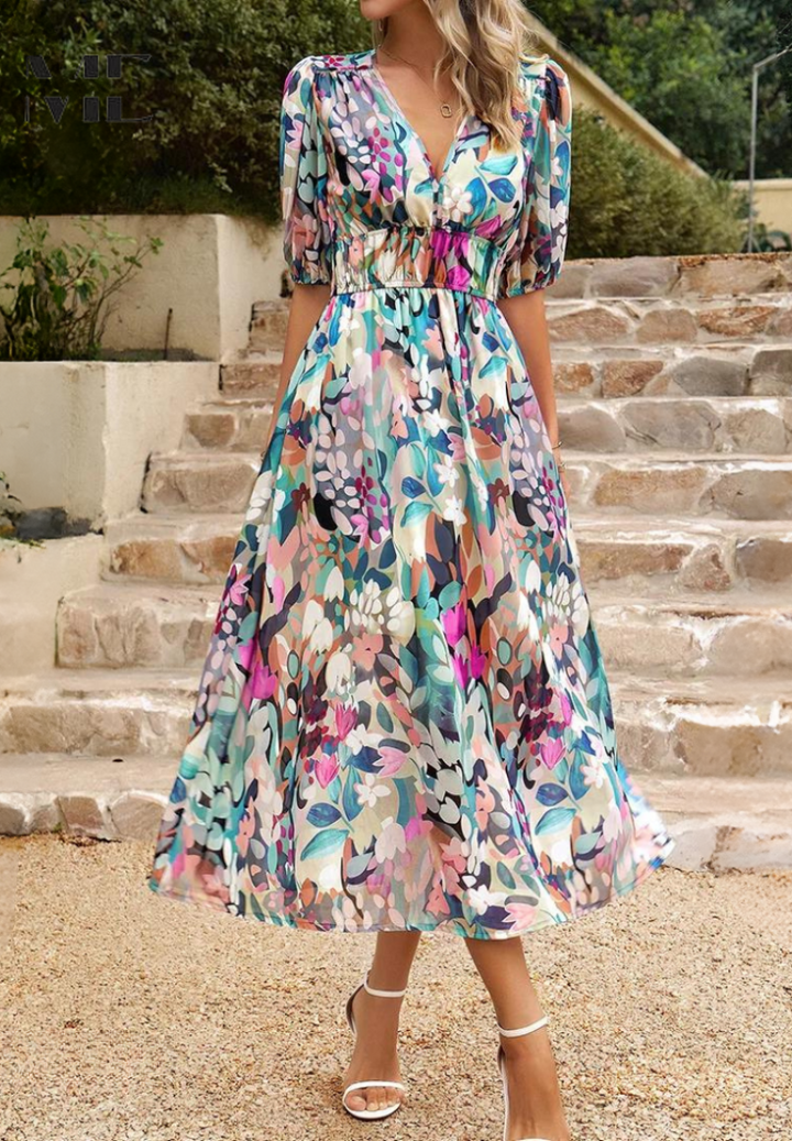 Women's Elegant Floral V-Neck Midi Dress