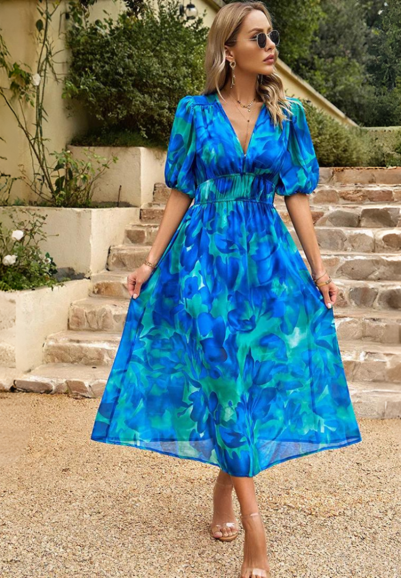 Women's Elegant Floral V-Neck Midi Dress