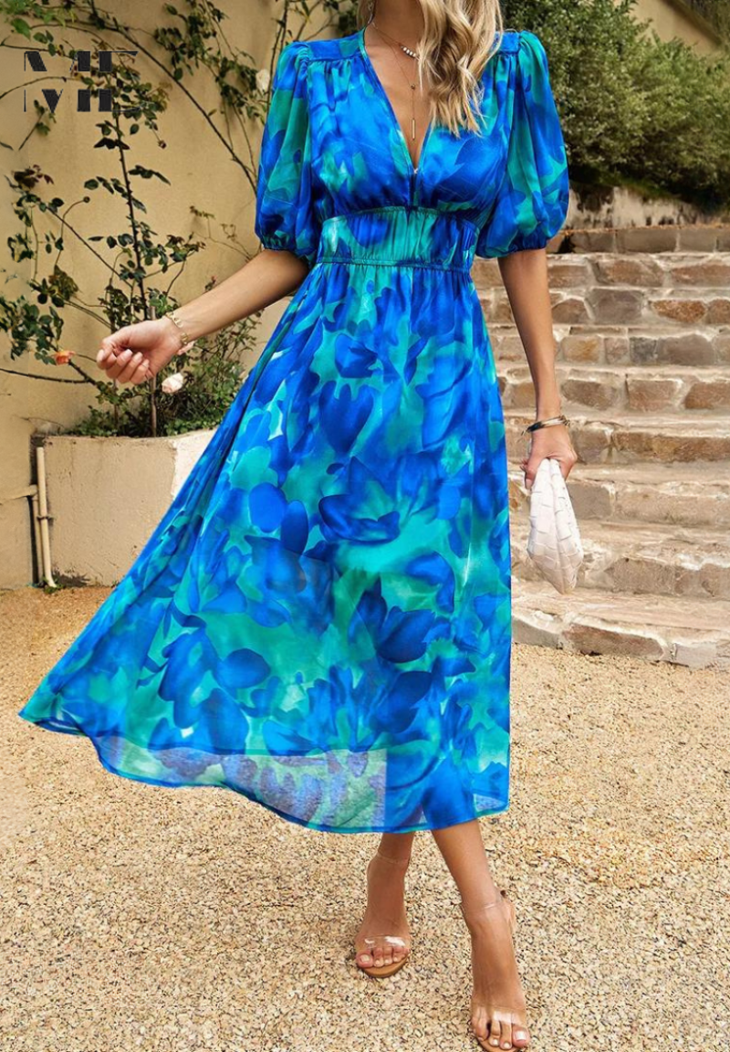 Women's Elegant Floral V-Neck Midi Dress