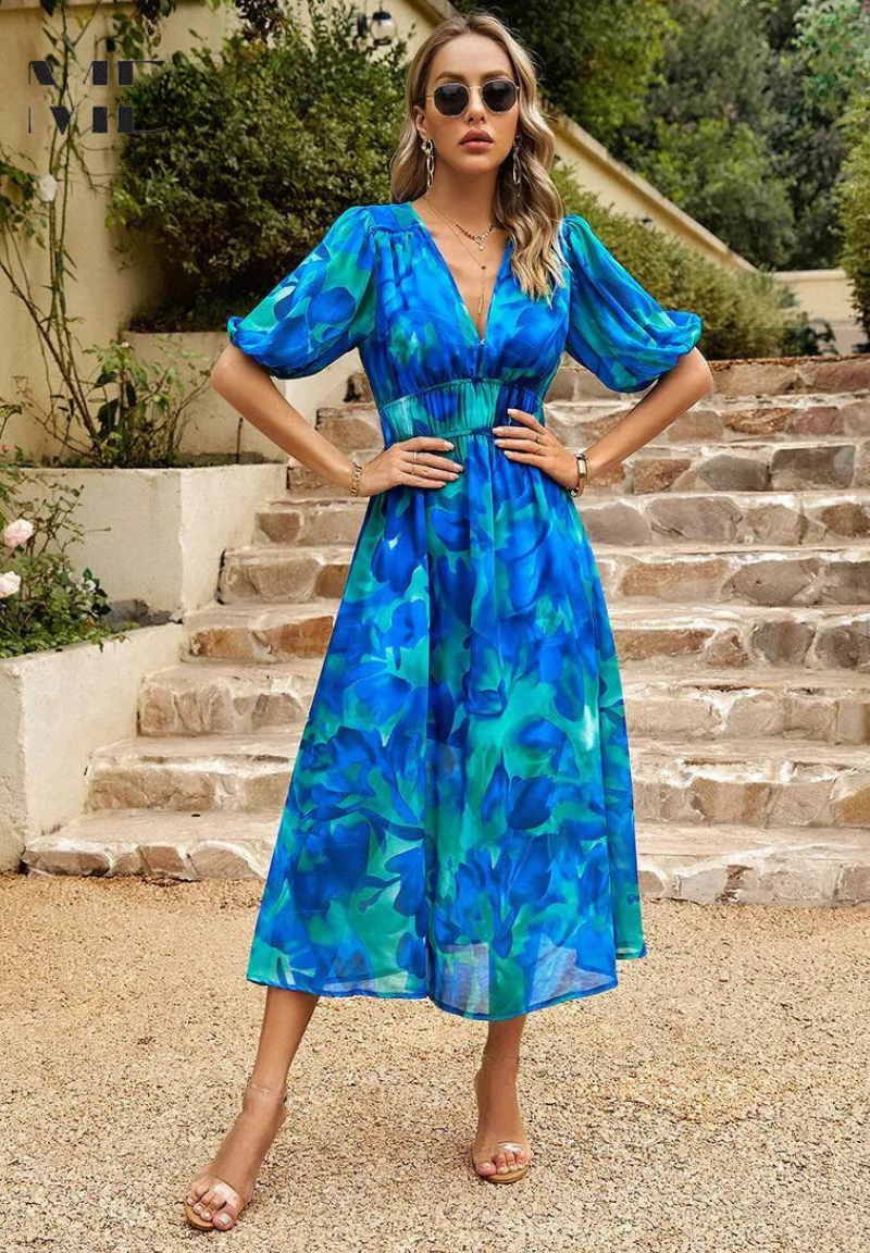 Women's Elegant Floral V-Neck Midi Dress