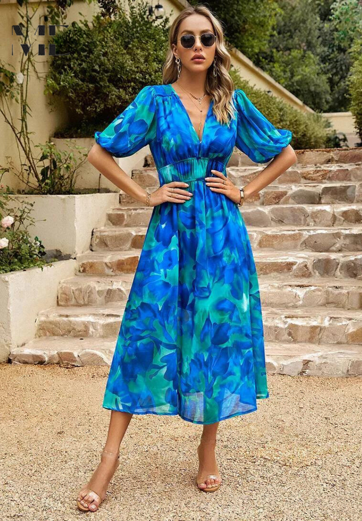 Women's Elegant Floral V-Neck Midi Dress