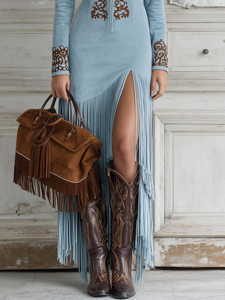 Women's Suede Fringe Maxi Dress | Embroidered