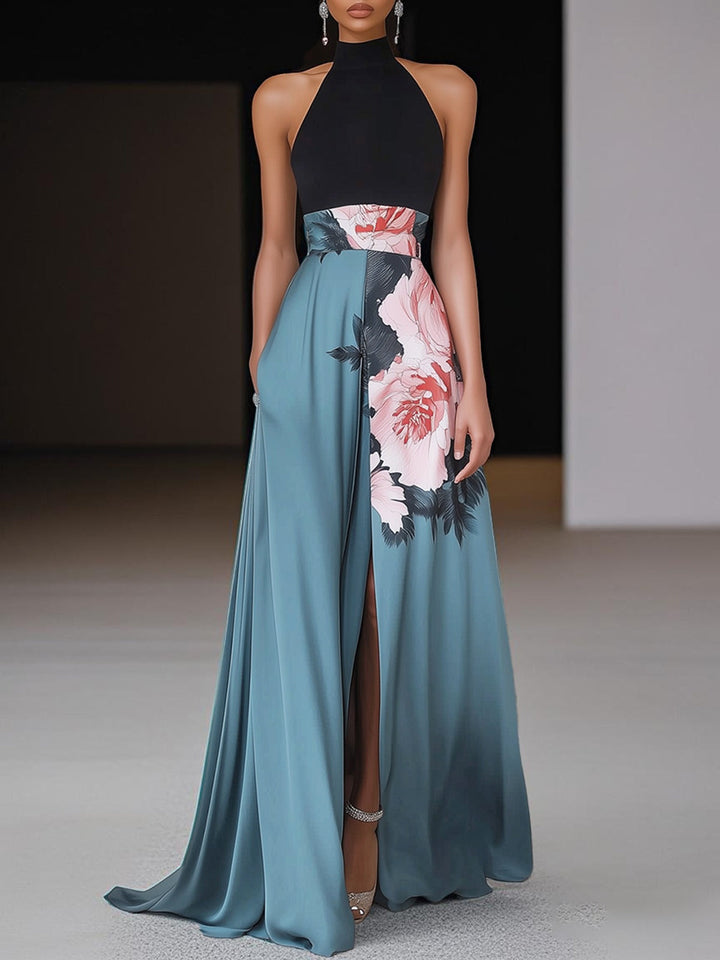Women's Floral Sleeveless Halter Neck Maxi Dress