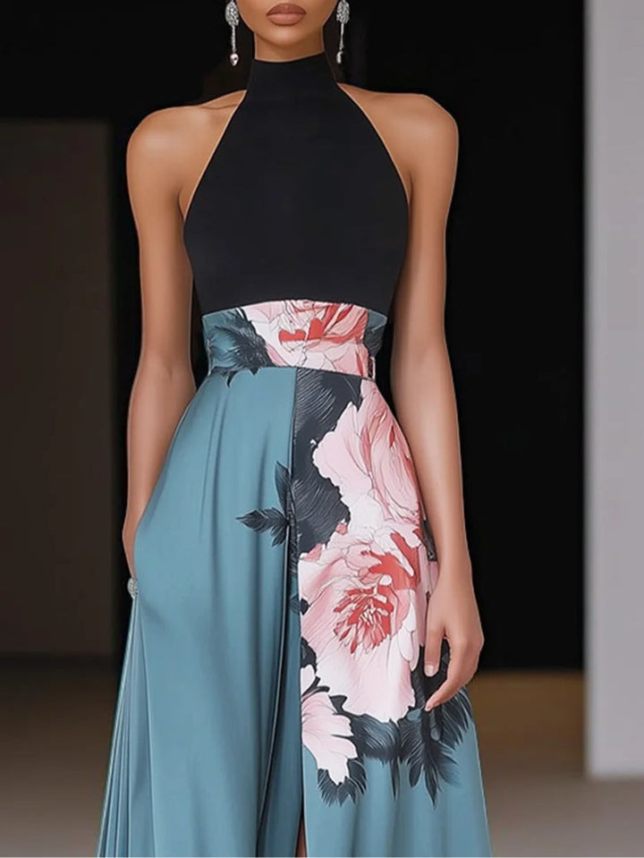 Women's Floral Sleeveless Halter Neck Maxi Dress