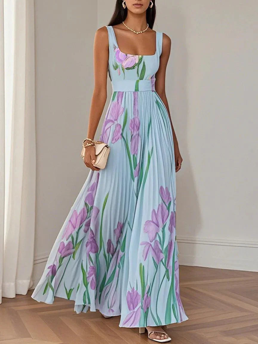 Women's Pleated Floral Maxi Dress | Square Neck