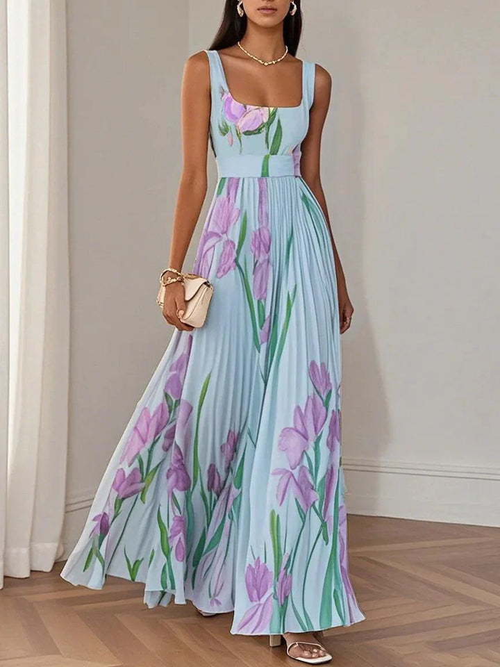 Women's Pleated Floral Maxi Dress | Square Neck