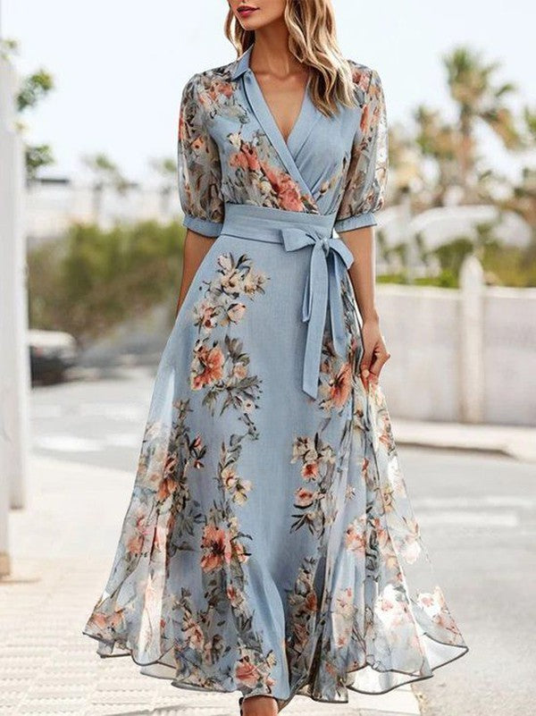 Women's Floral V-Neck Maxi Dress | Tie Waist