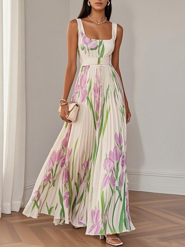 Women's Pleated Floral Maxi Dress | Square Neck