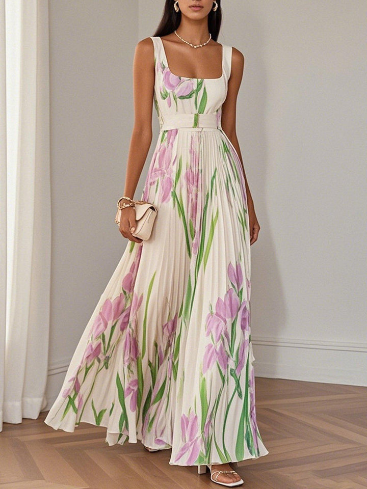 Women's Pleated Floral Maxi Dress | Square Neck