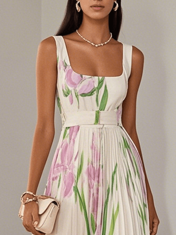 Women's Pleated Floral Maxi Dress | Square Neck