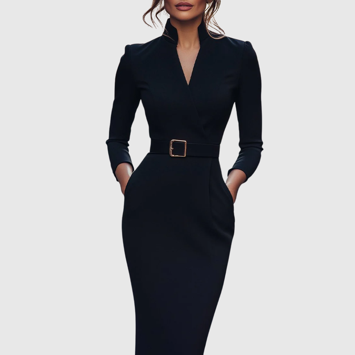 Refined Elegant Pencil Dress | Belted V Neck
