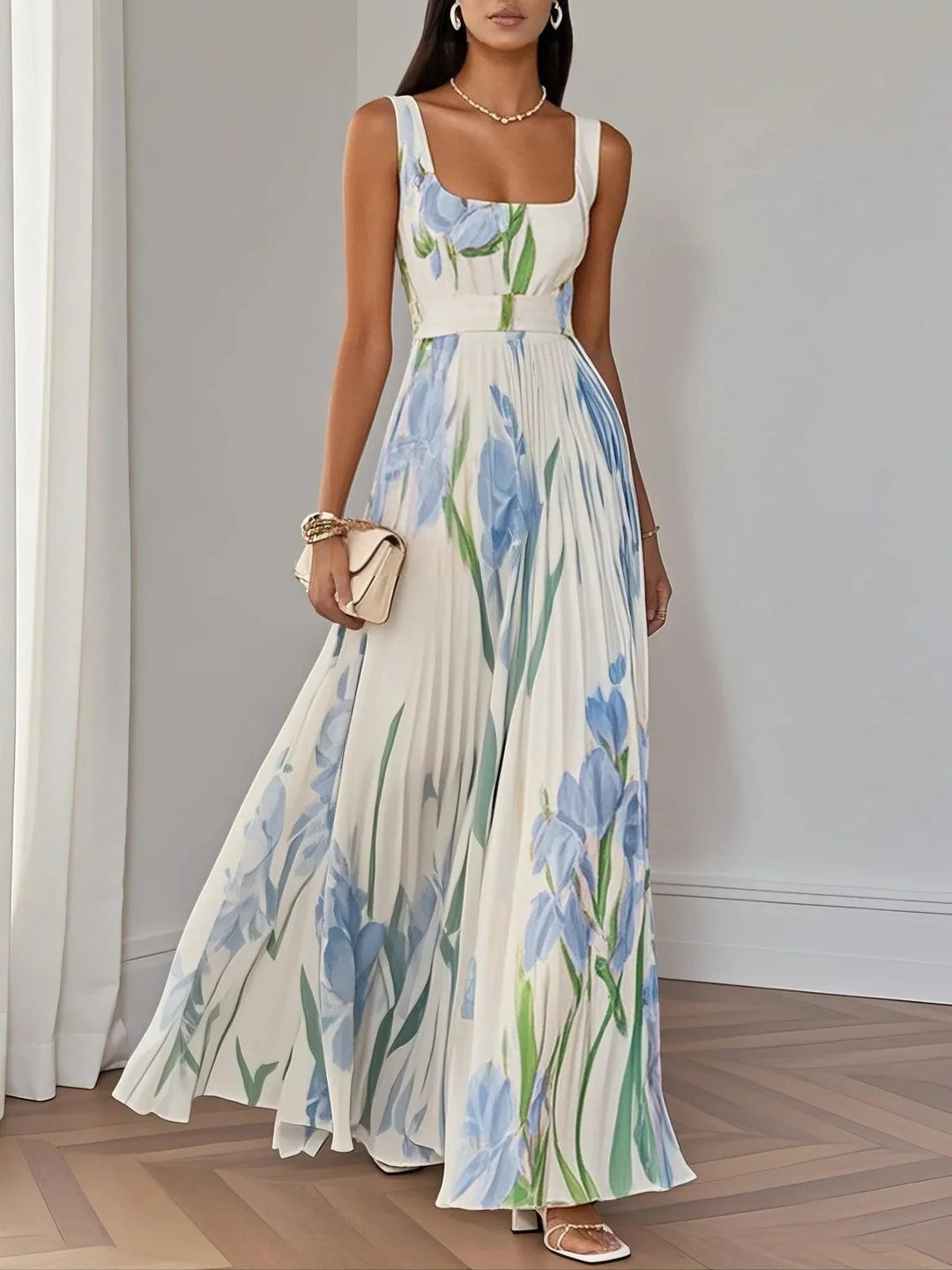 Women's Pleated Floral Maxi Dress | Square Neck