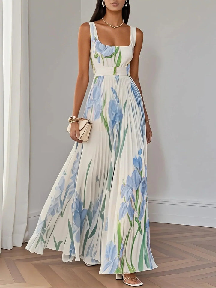 Women's Pleated Floral Maxi Dress | Square Neck