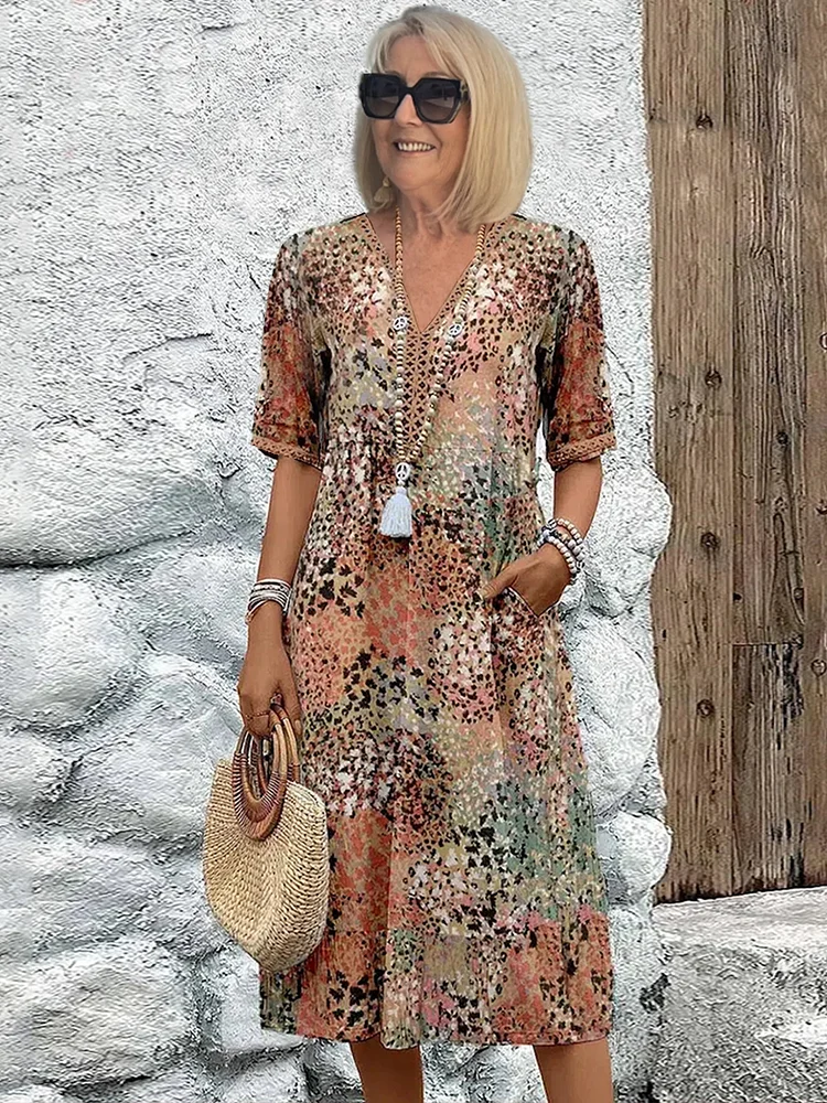 Women's Printed V-Neck Midi Boho Dress