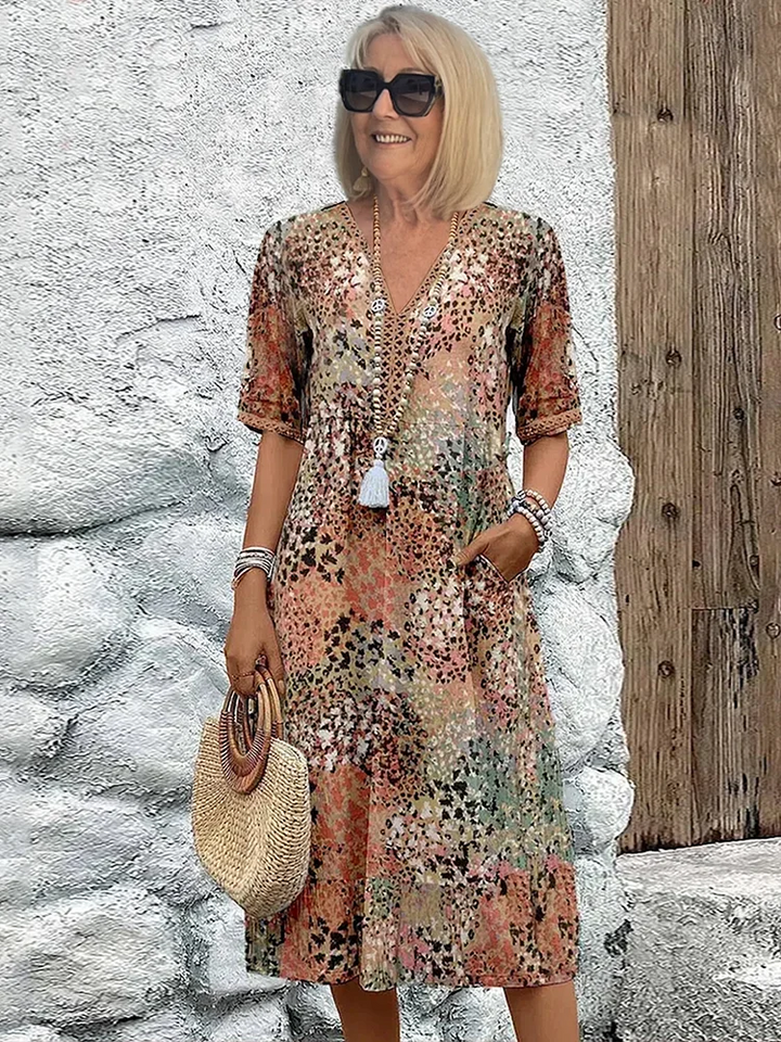 Women's Printed V-Neck Midi Boho Dress
