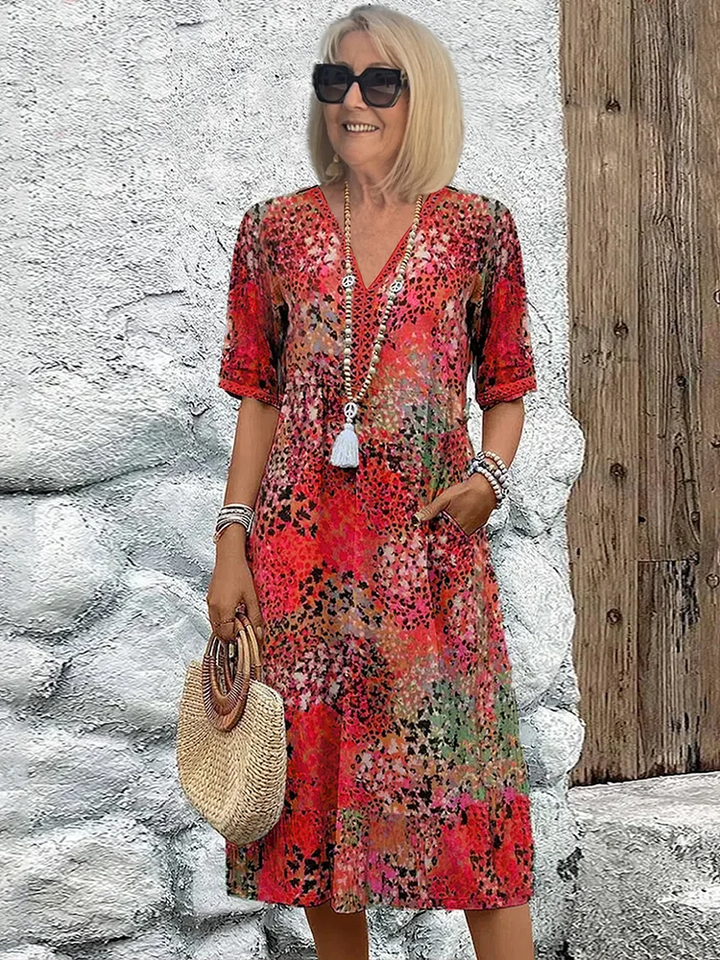 Women's Printed V-Neck Midi Boho Dress