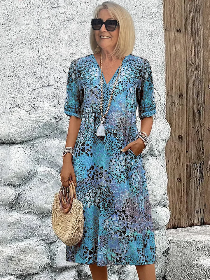 Women's Printed V-Neck Midi Boho Dress