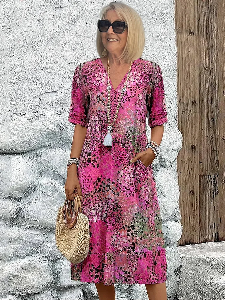 Women's Printed V-Neck Midi Boho Dress