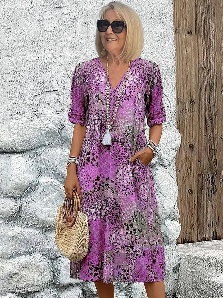 Women's Printed V-Neck Midi Boho Dress