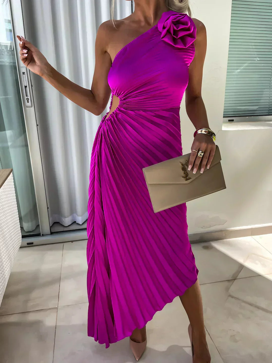 Women's One-Shoulder Pleated Midi Dress