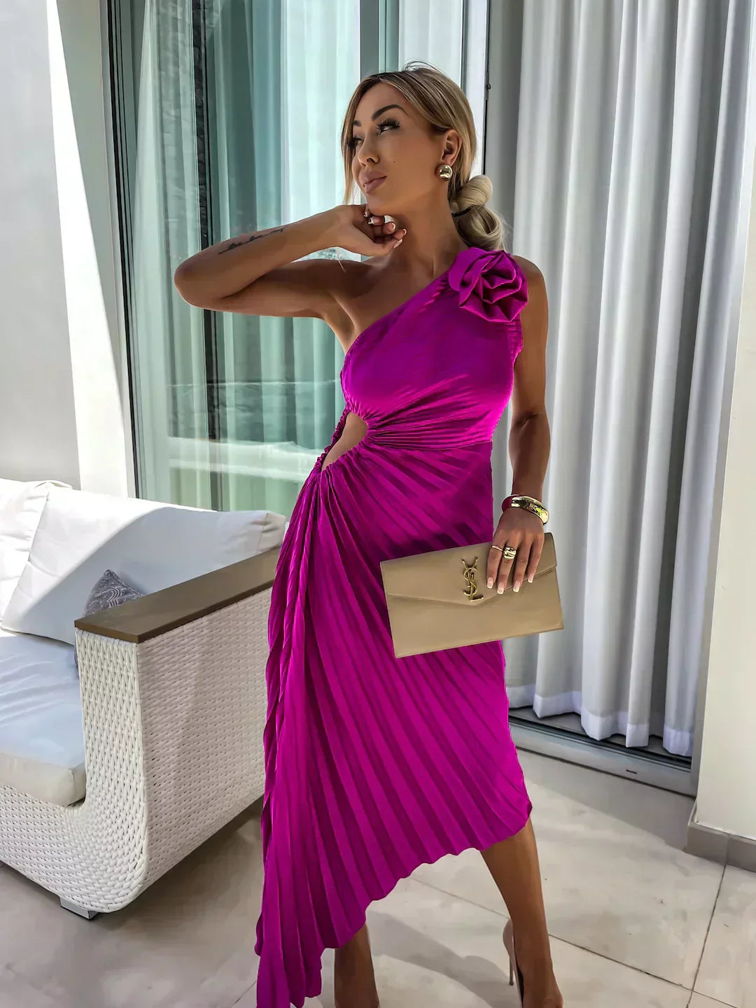 Women's One-Shoulder Pleated Midi Dress