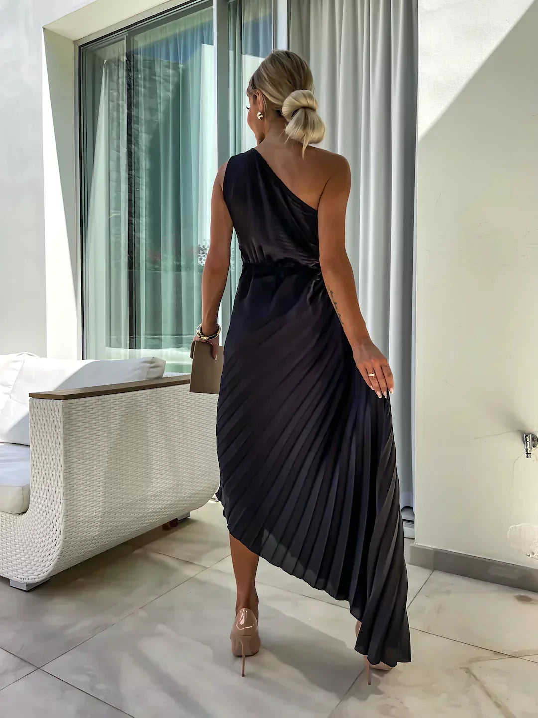 Women's One-Shoulder Pleated Midi Dress