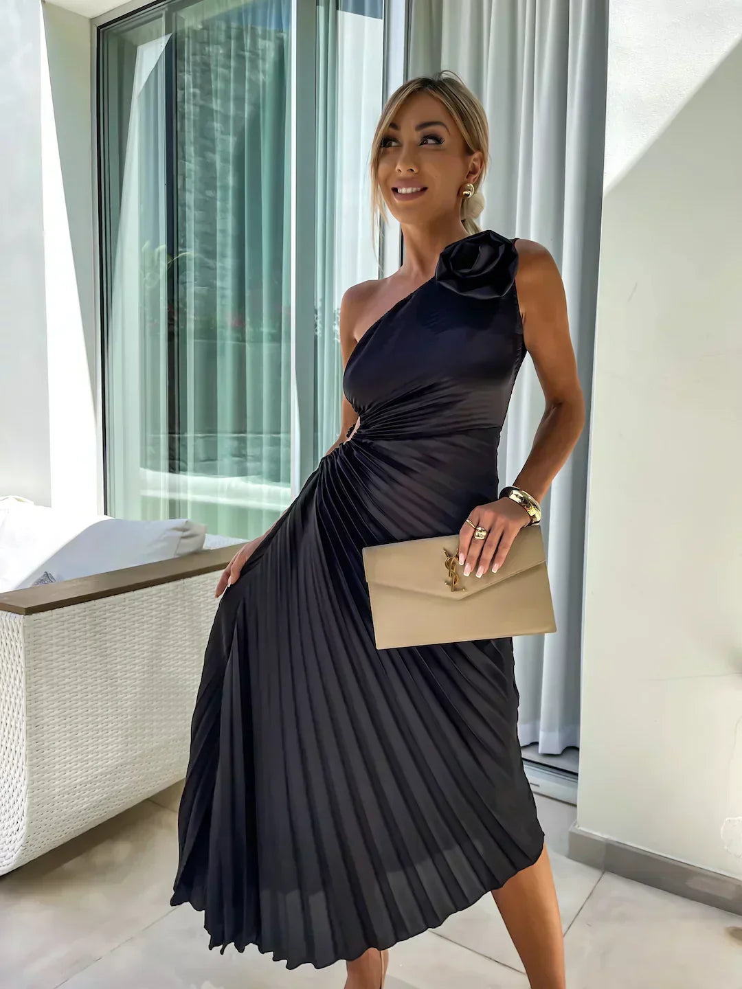 Women's One-Shoulder Pleated Midi Dress