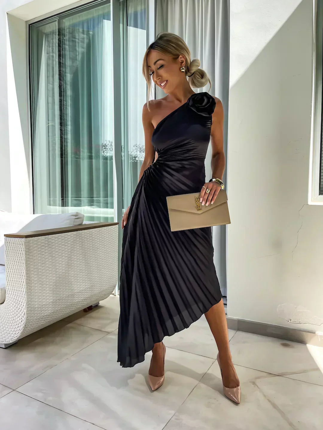 Women's One-Shoulder Pleated Midi Dress