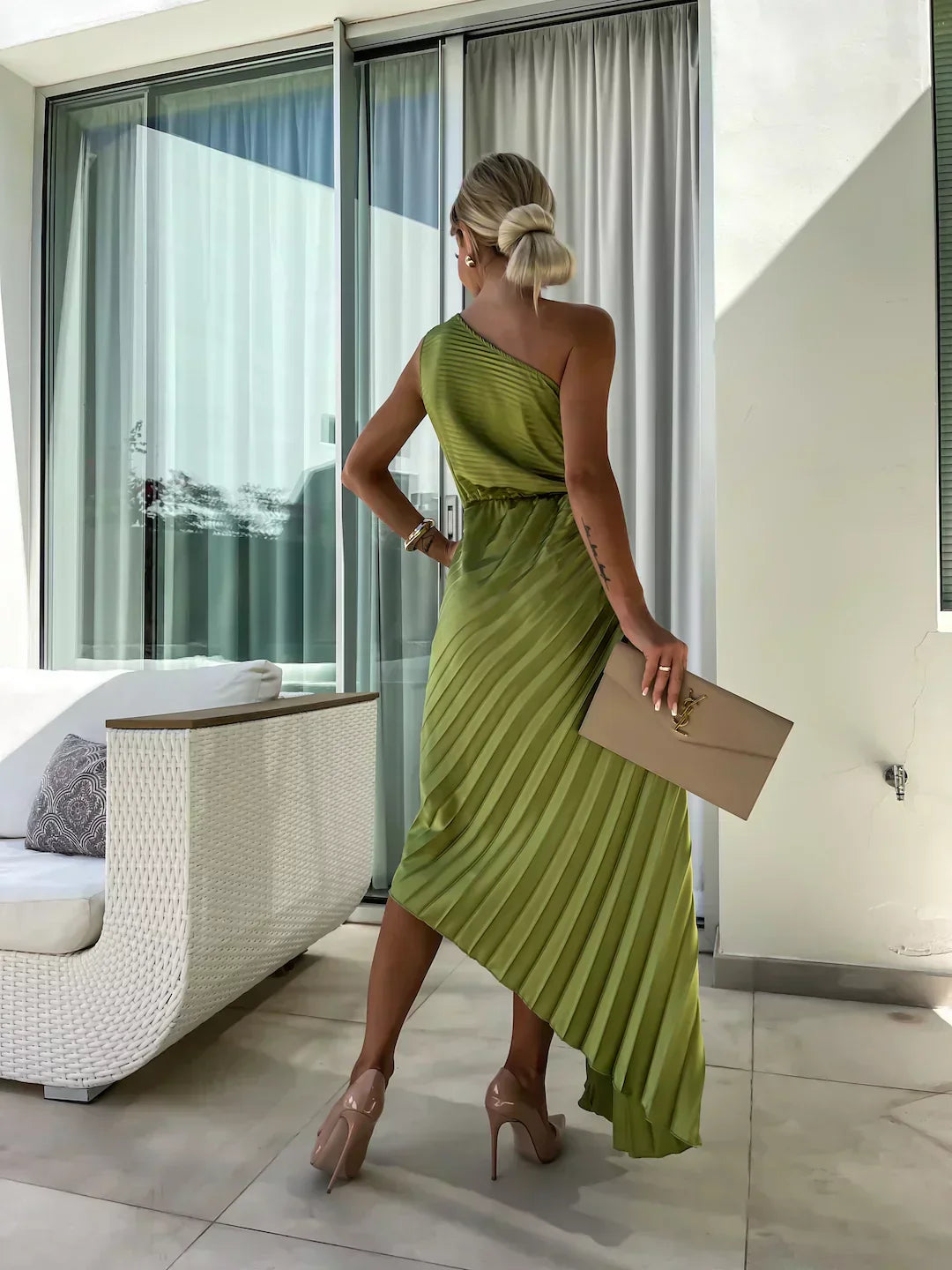 Women's One-Shoulder Pleated Midi Dress