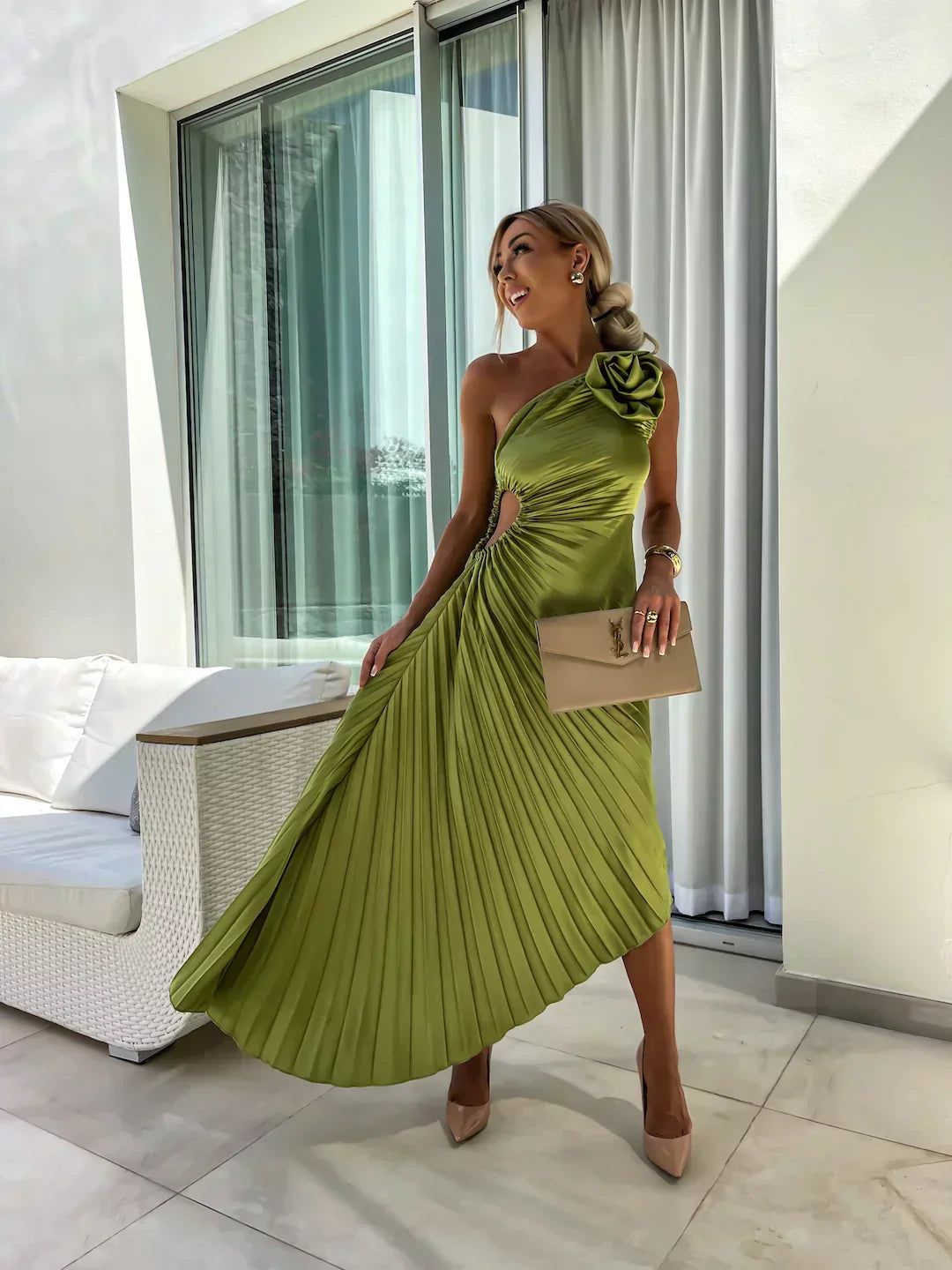 Women's One-Shoulder Pleated Midi Dress