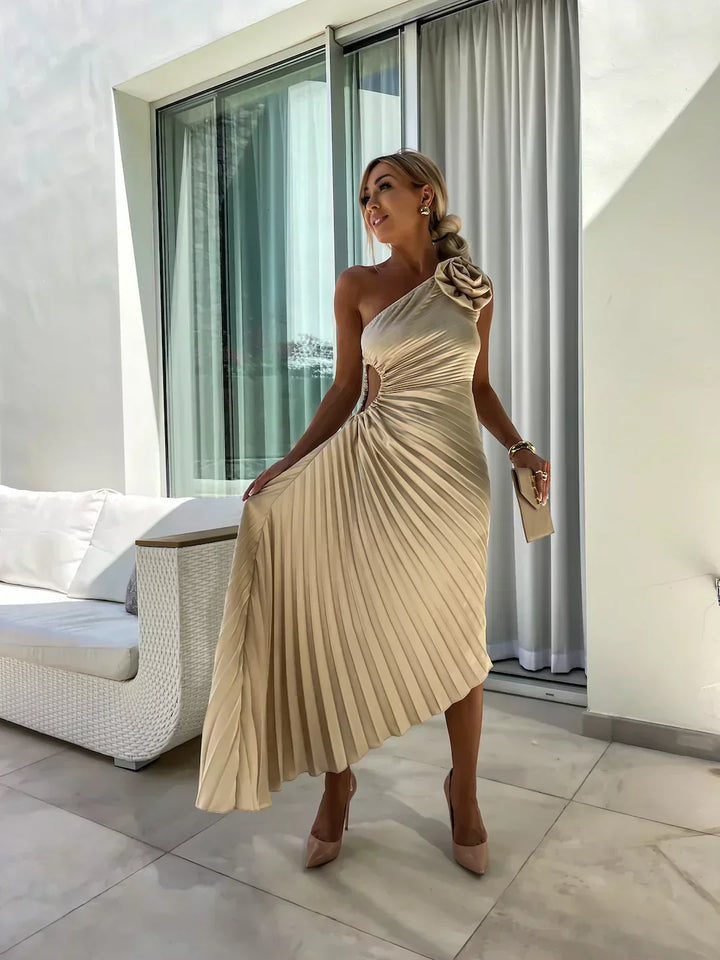 Women's One-Shoulder Pleated Midi Dress