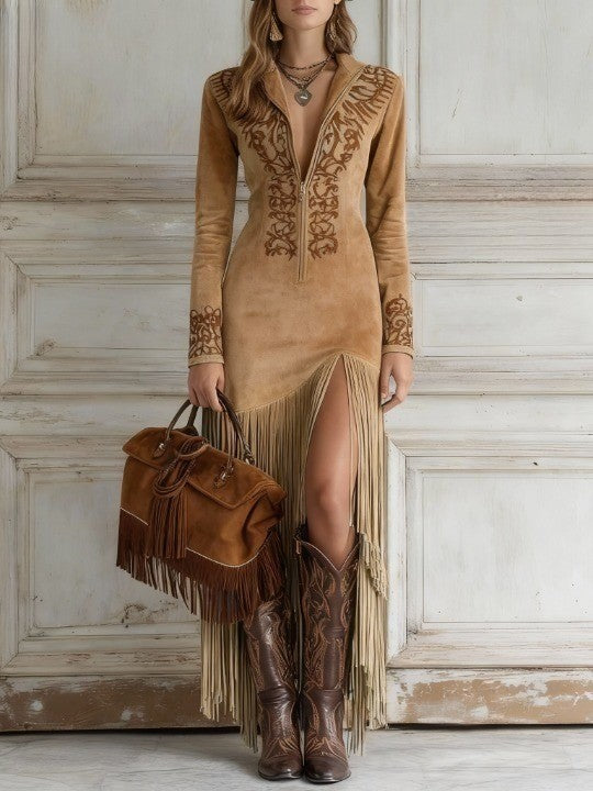 Women's Suede Fringe Maxi Dress | Embroidered