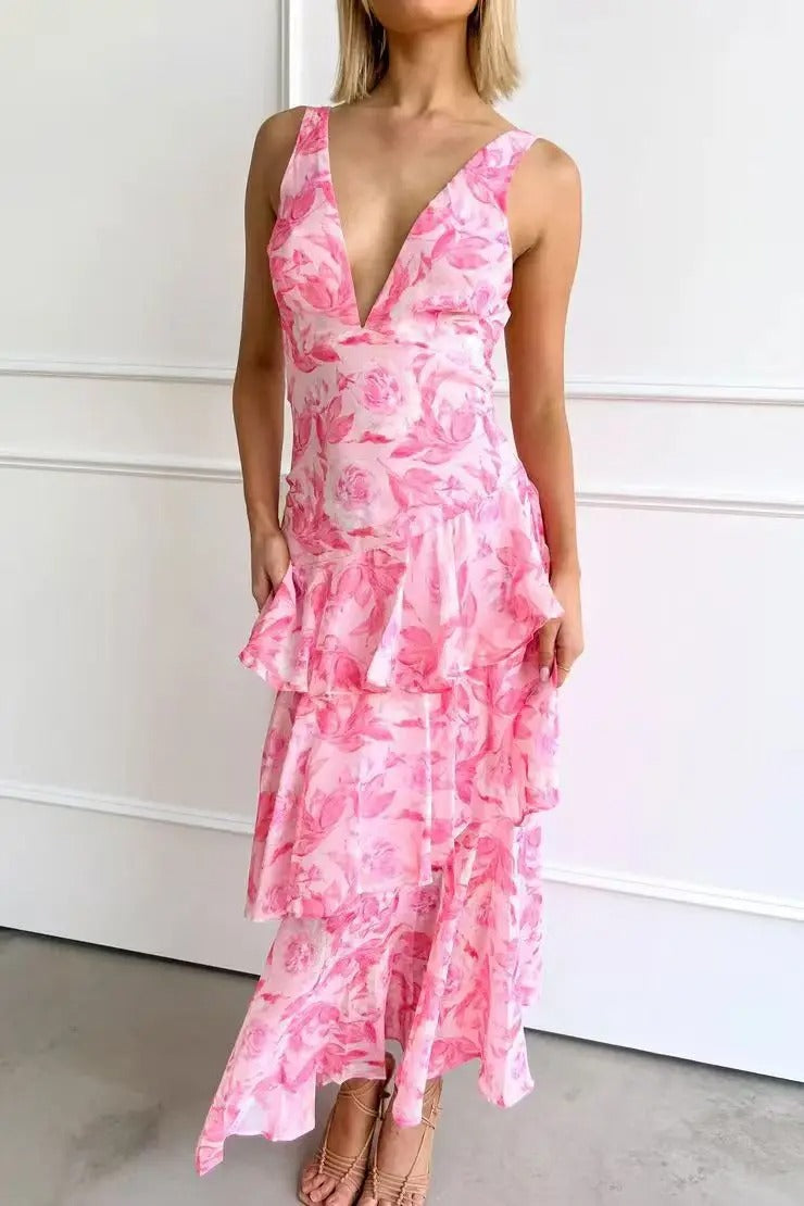 Women's Elegant Floral Tiered Maxi Dress
