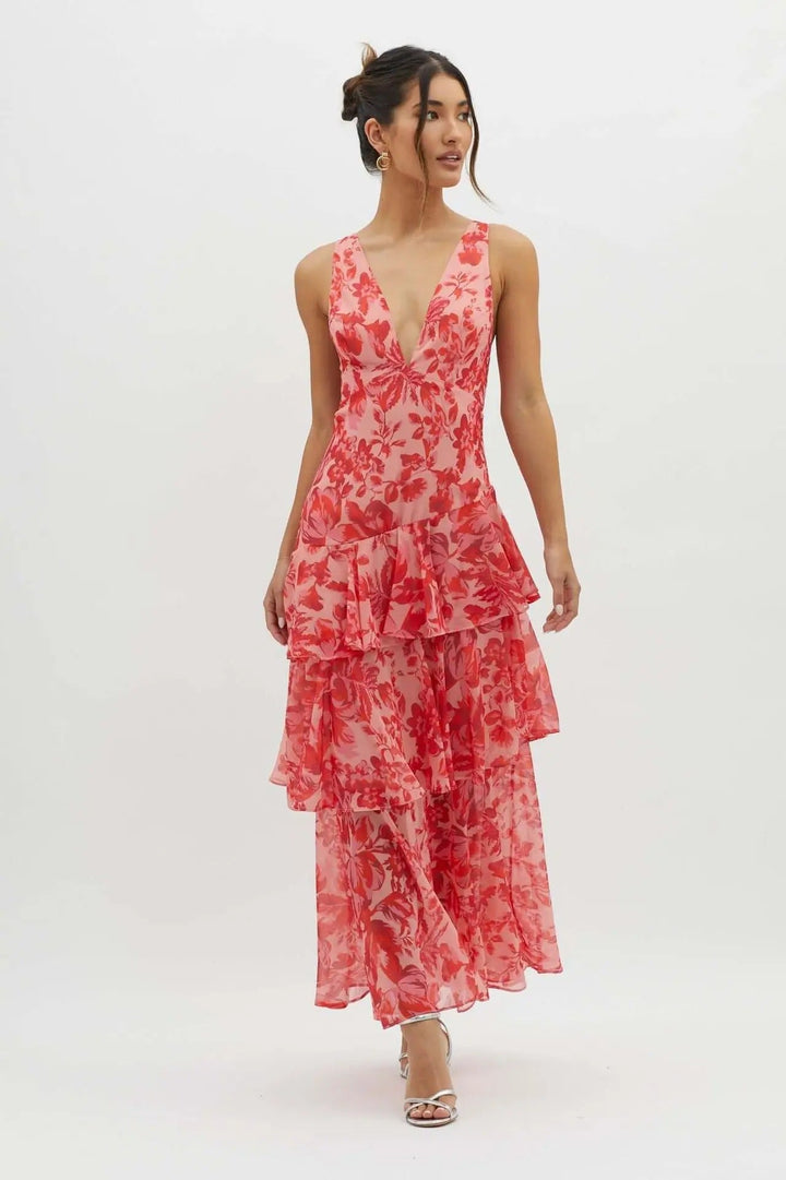 Women's Elegant Floral Tiered Maxi Dress