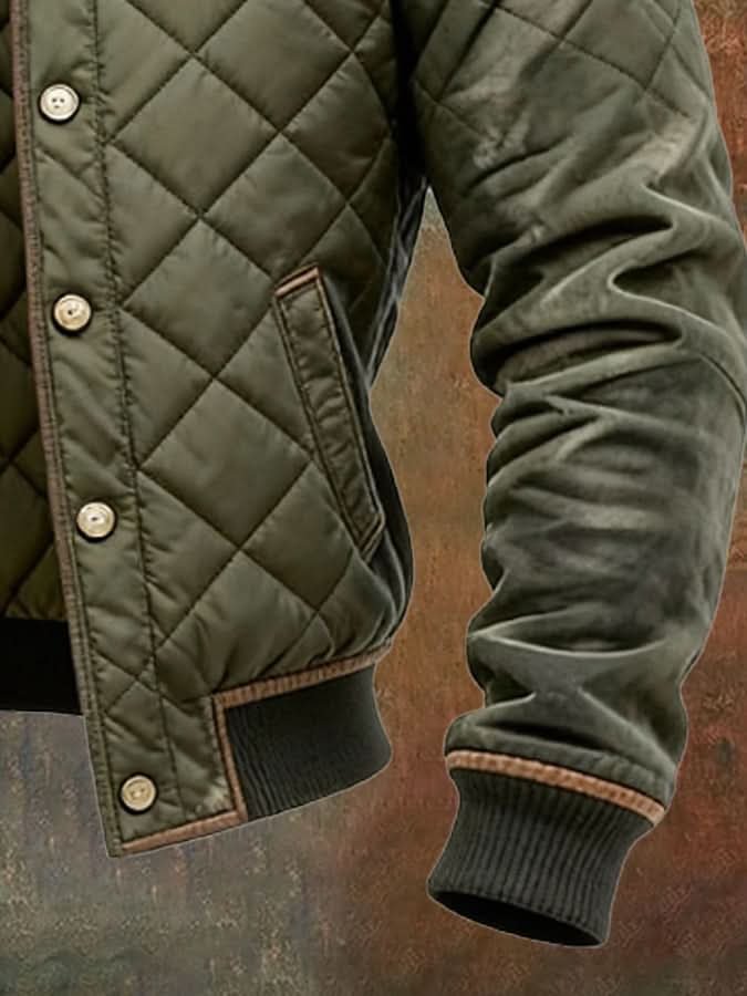 Men's Aged Leather Trim Quilted Jacket Detail