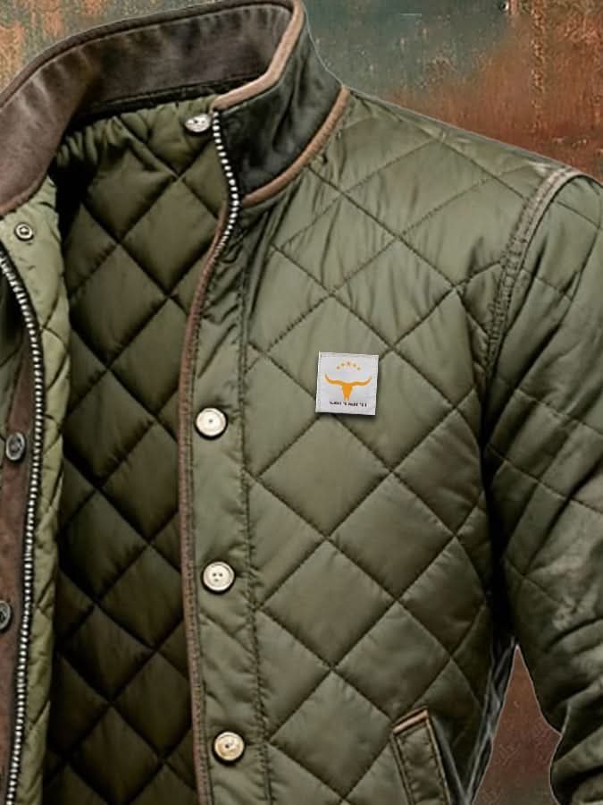 Men's Aged Leather Trim Quilted Jacket Front